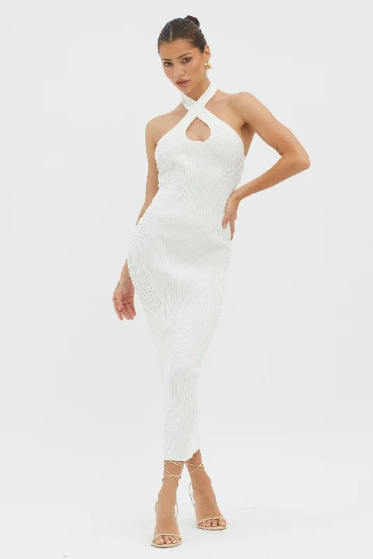 Lovelock Halterneck Ribbed Knit Midi Dress White