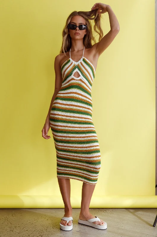 Malibu Nights Halterneck Knit Midi Dress Striped Olive