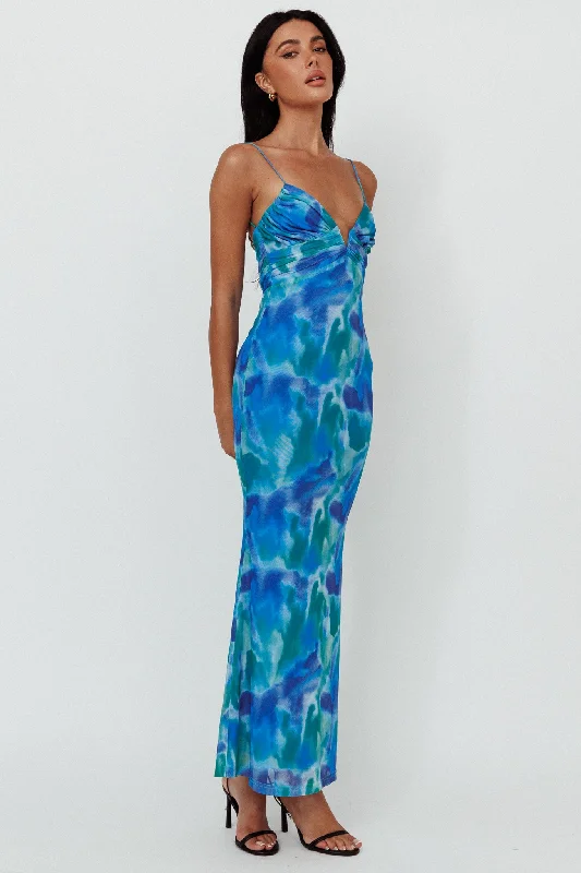 Marrakesh Gathered Bust Maxi Dress Print Blue