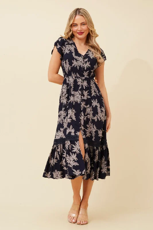 MOROCCO LEAF PRINT MIDI DRESS