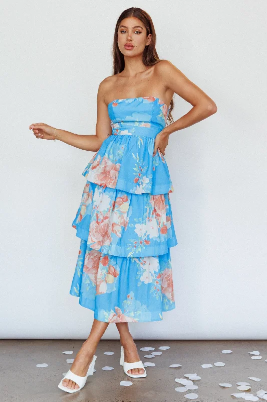 Outshine Strapless Tiered Midi Dress Floral Blue