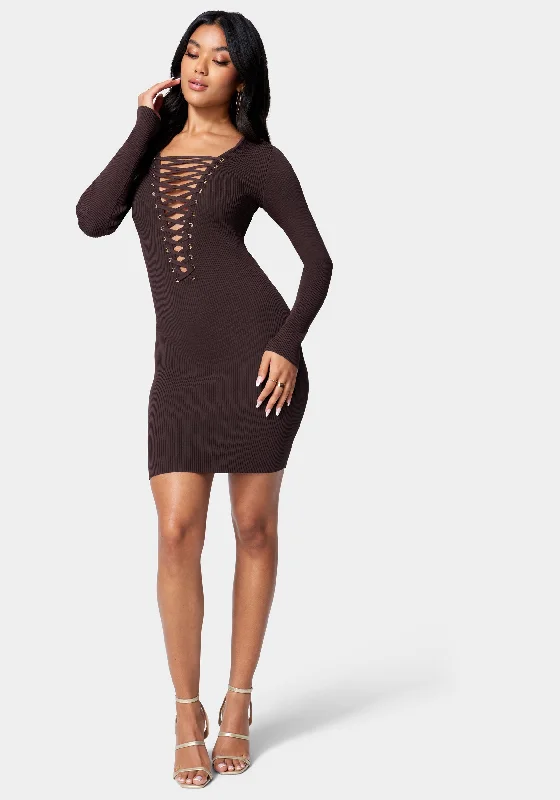 Plunge Neck Lace Up Sweater Dress