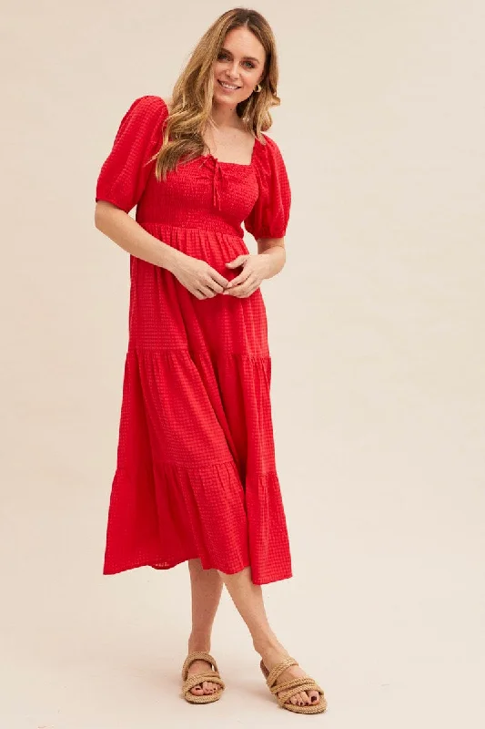 Red Midi Dress Short Sleeve Shirred