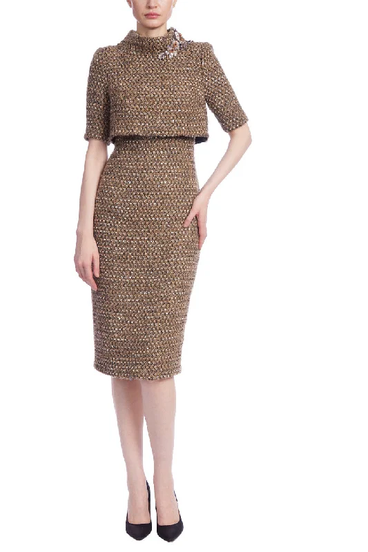 Short Sleeve Tweed Sheath Dress - Camel Black