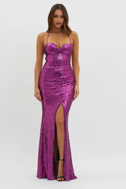 Starry Eyes Lace-Up Back Sequin Maxi Dress Magenta