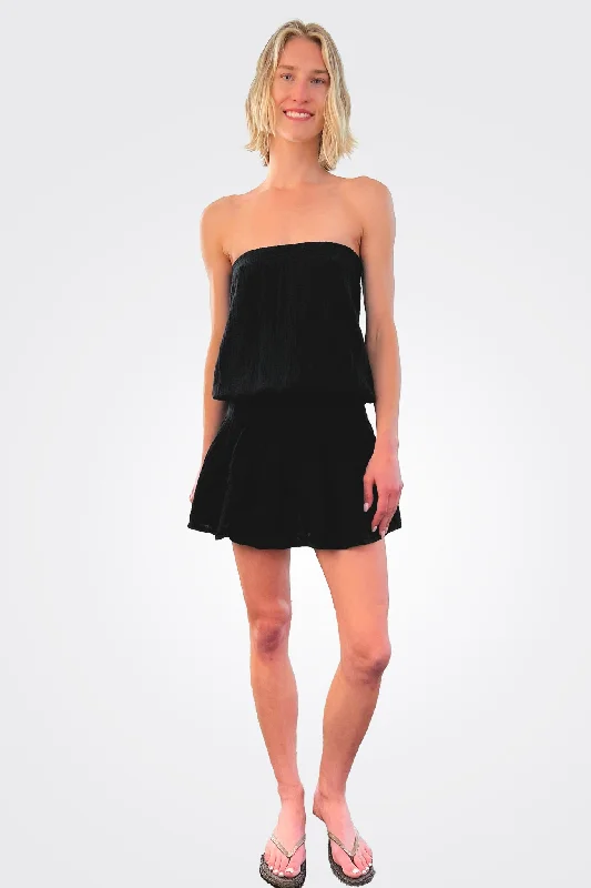 Strapless Short Dress w/ Smock Waist - Black