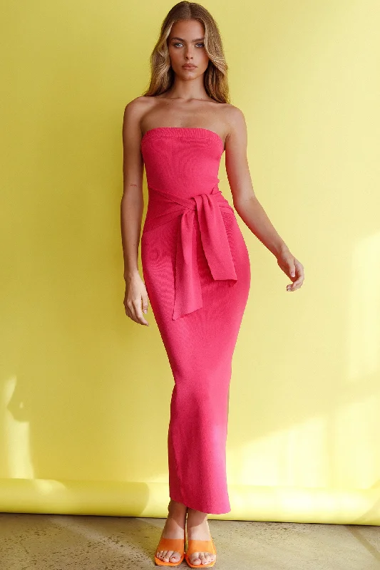 Told You So Strapless Waist Tie Knit Maxi Dress Hot Pink