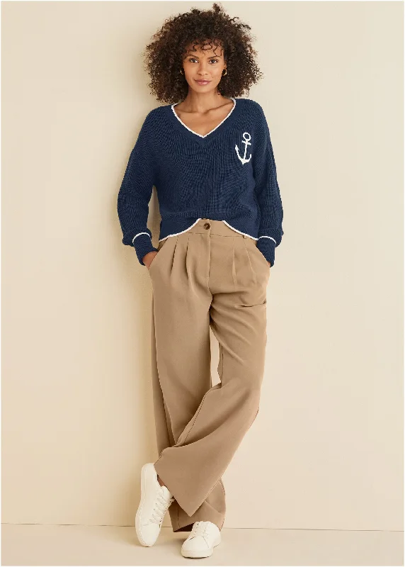 Anchor V-Neck Sweater - Navy & White