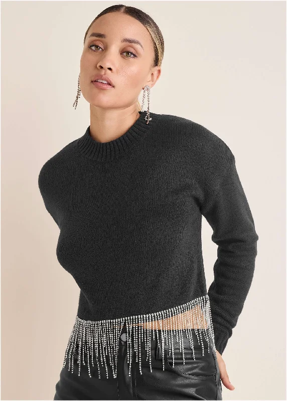 Rhinestone Trim Sweater  - Black